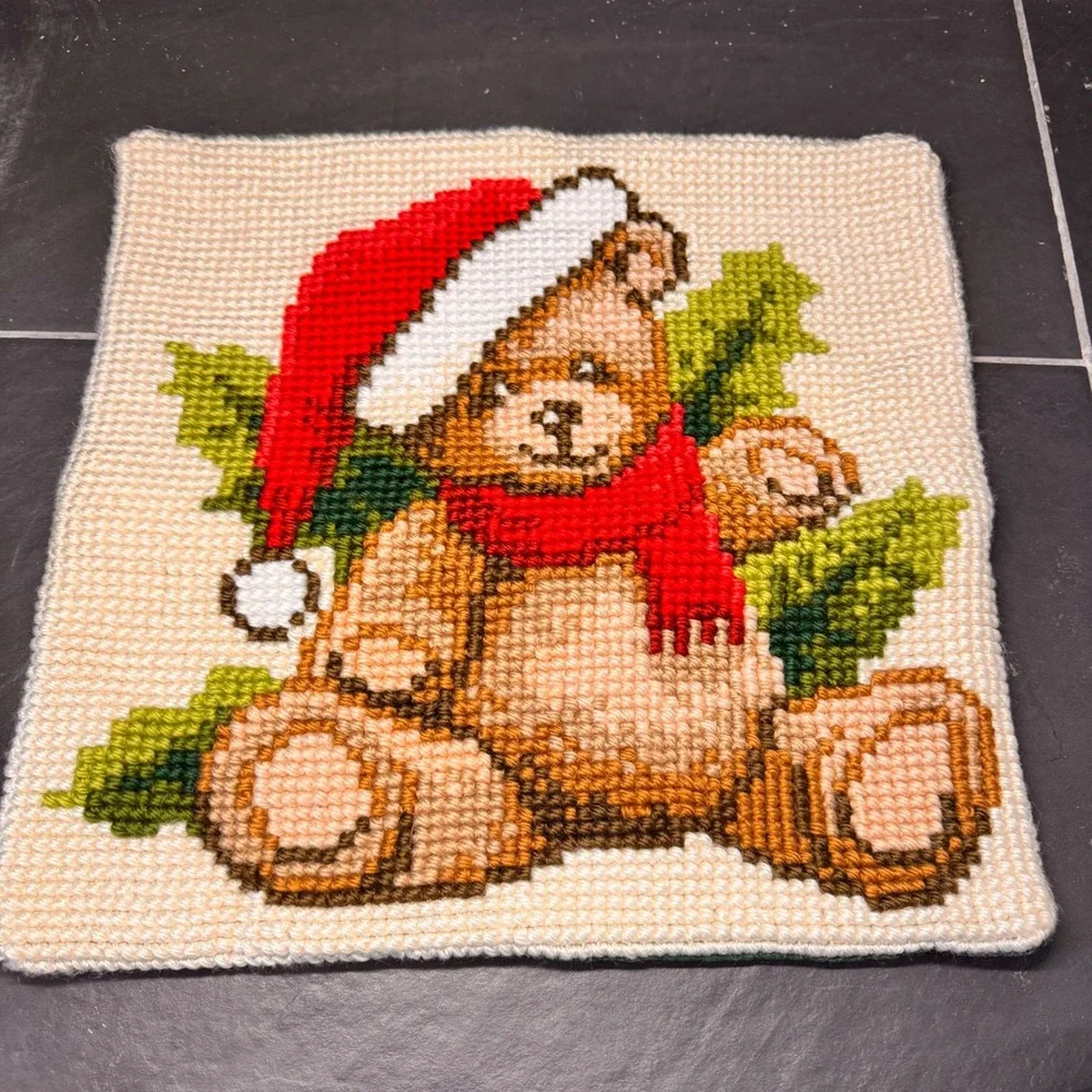 Handmade Teddy Bear Christmas Cross Stitch‎ Pillow 14